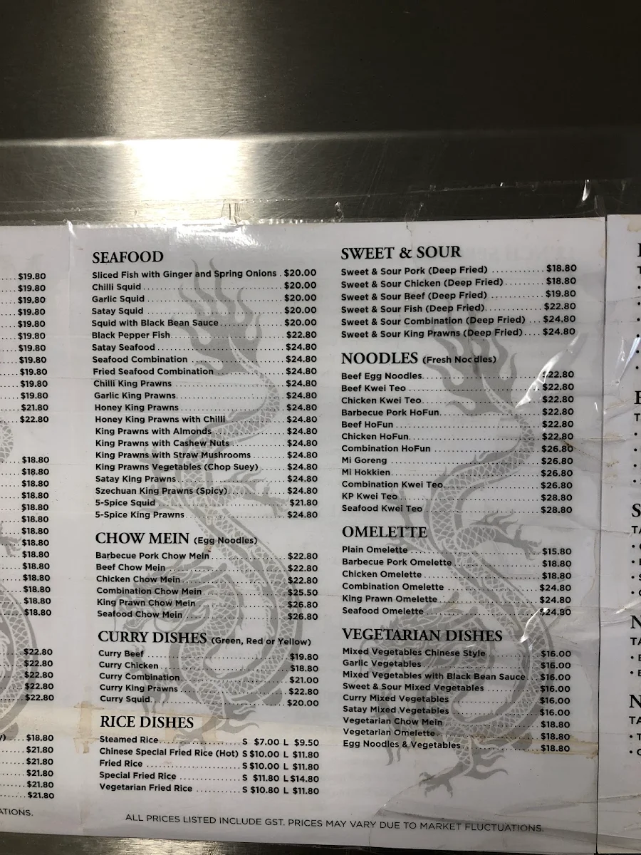 Menu, Golden Dragon Chinese Restaurant