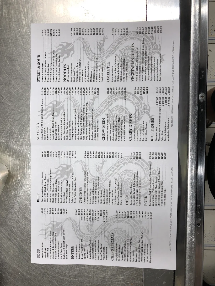 Menu, Golden Dragon Chinese Restaurant
