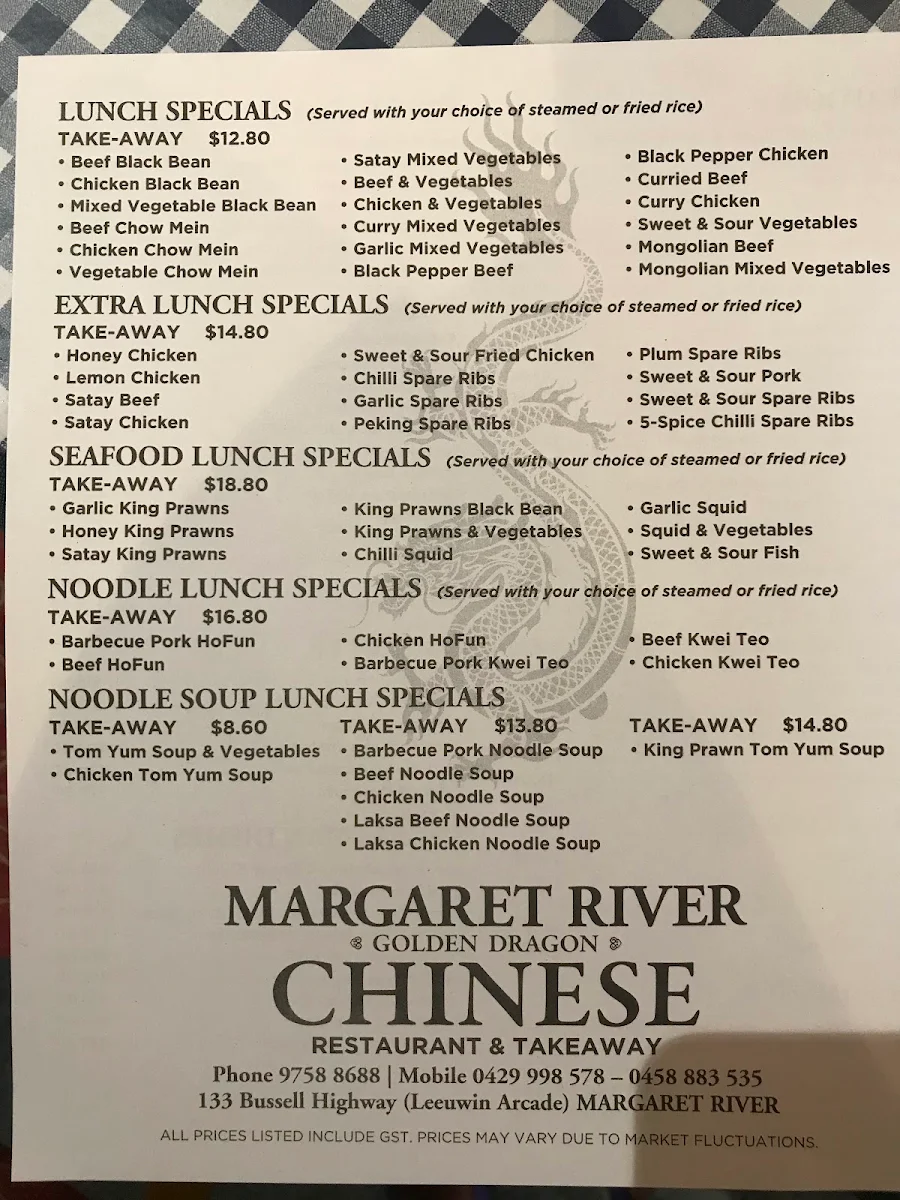 Menu, Golden Dragon Chinese Restaurant
