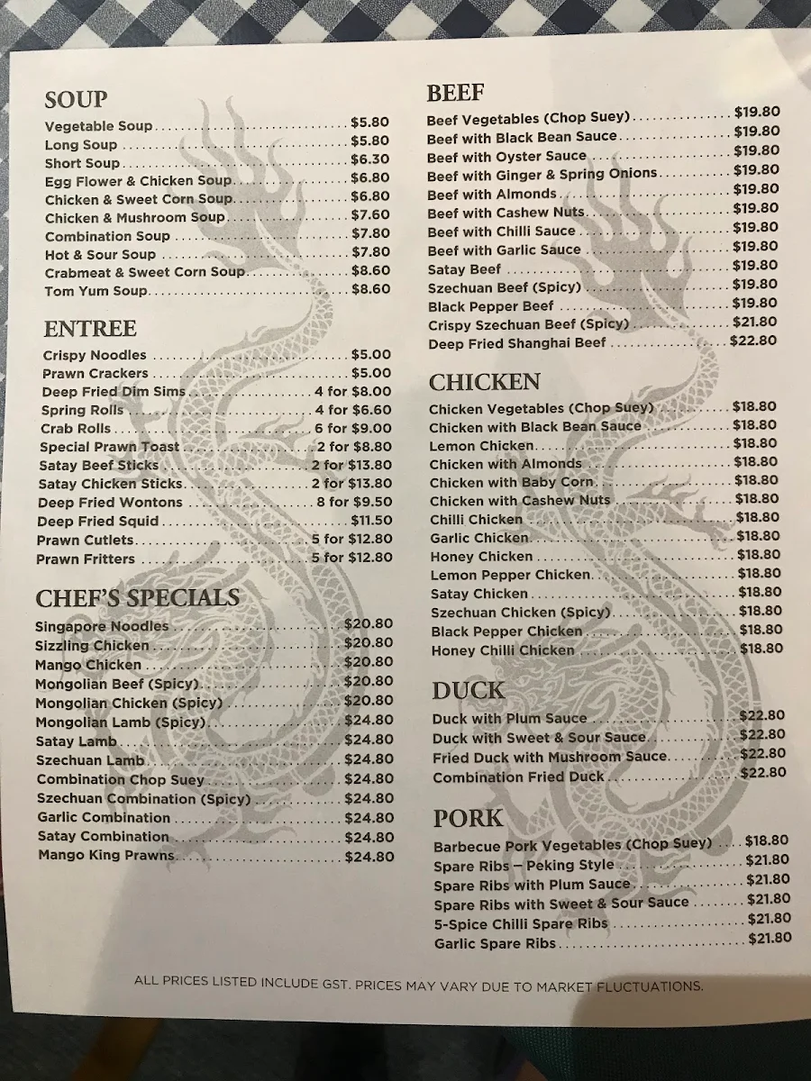 Menu, Golden Dragon Chinese Restaurant
