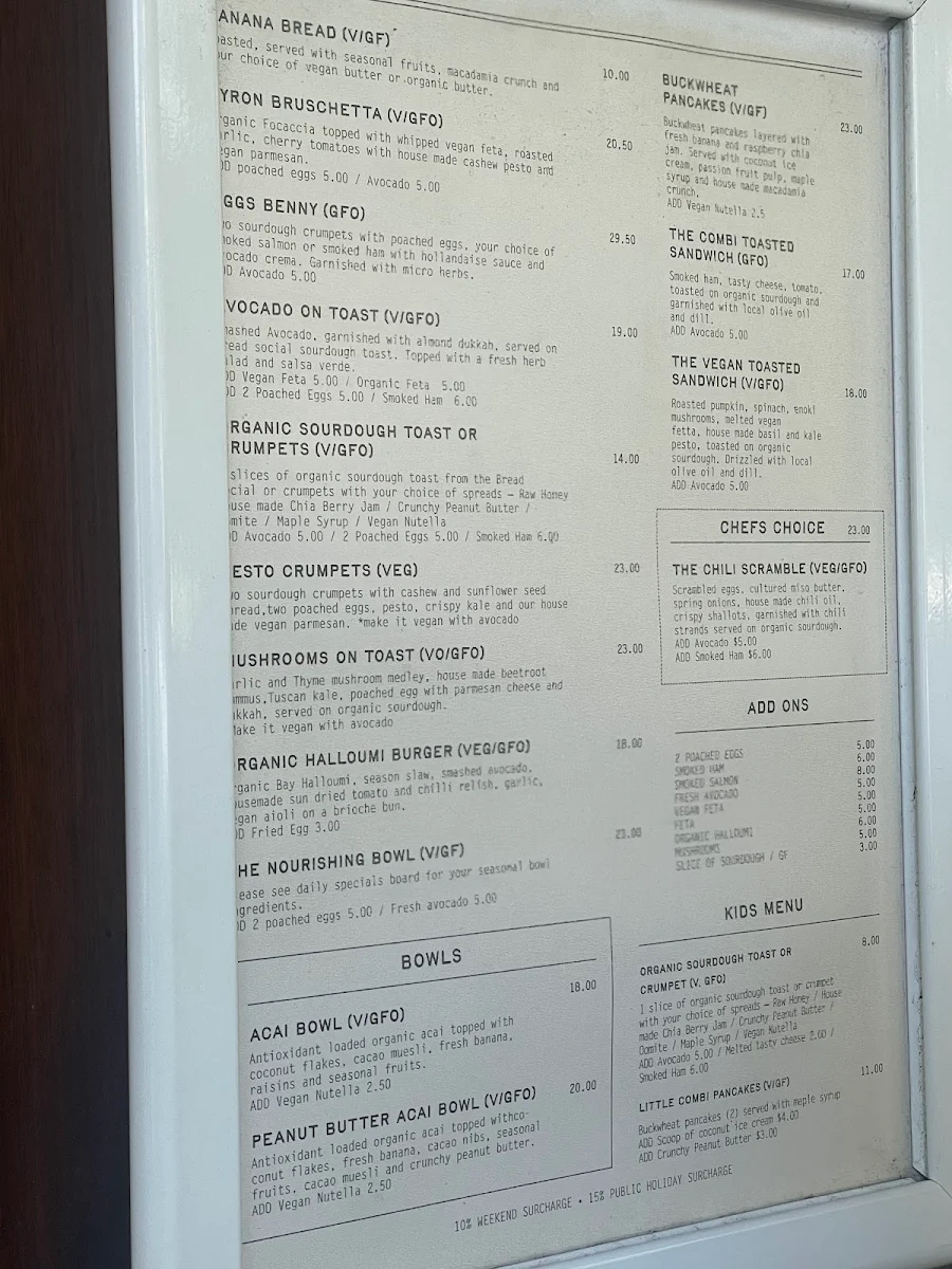Menu, Combi Byron Bay