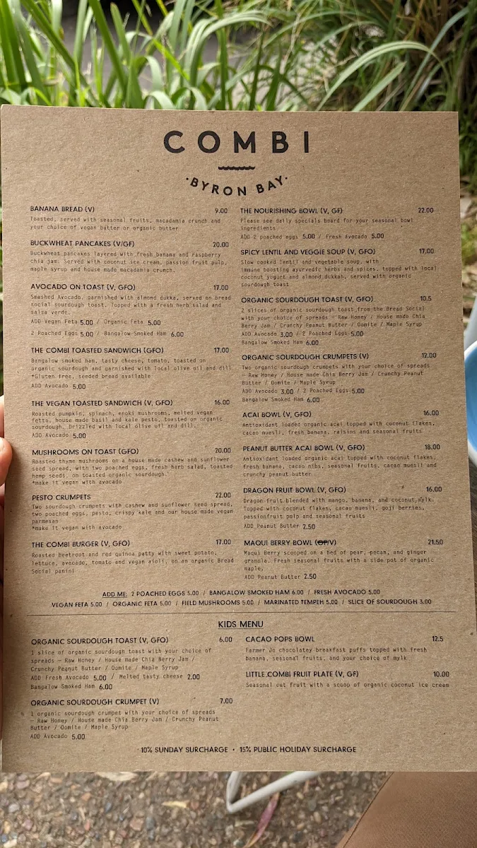Menu, Combi Byron Bay