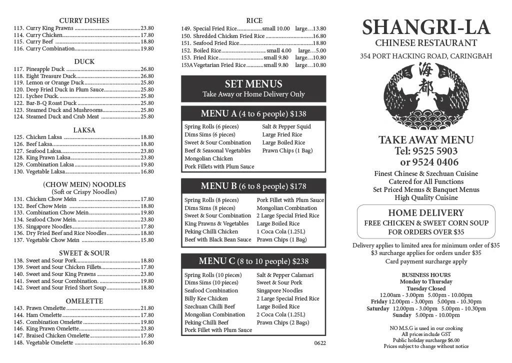 Menu, Shangri-La Chinese Restaurant