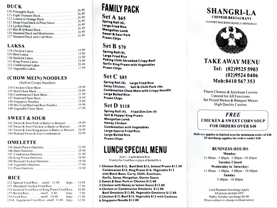 Menu, Shangri-La Chinese Restaurant