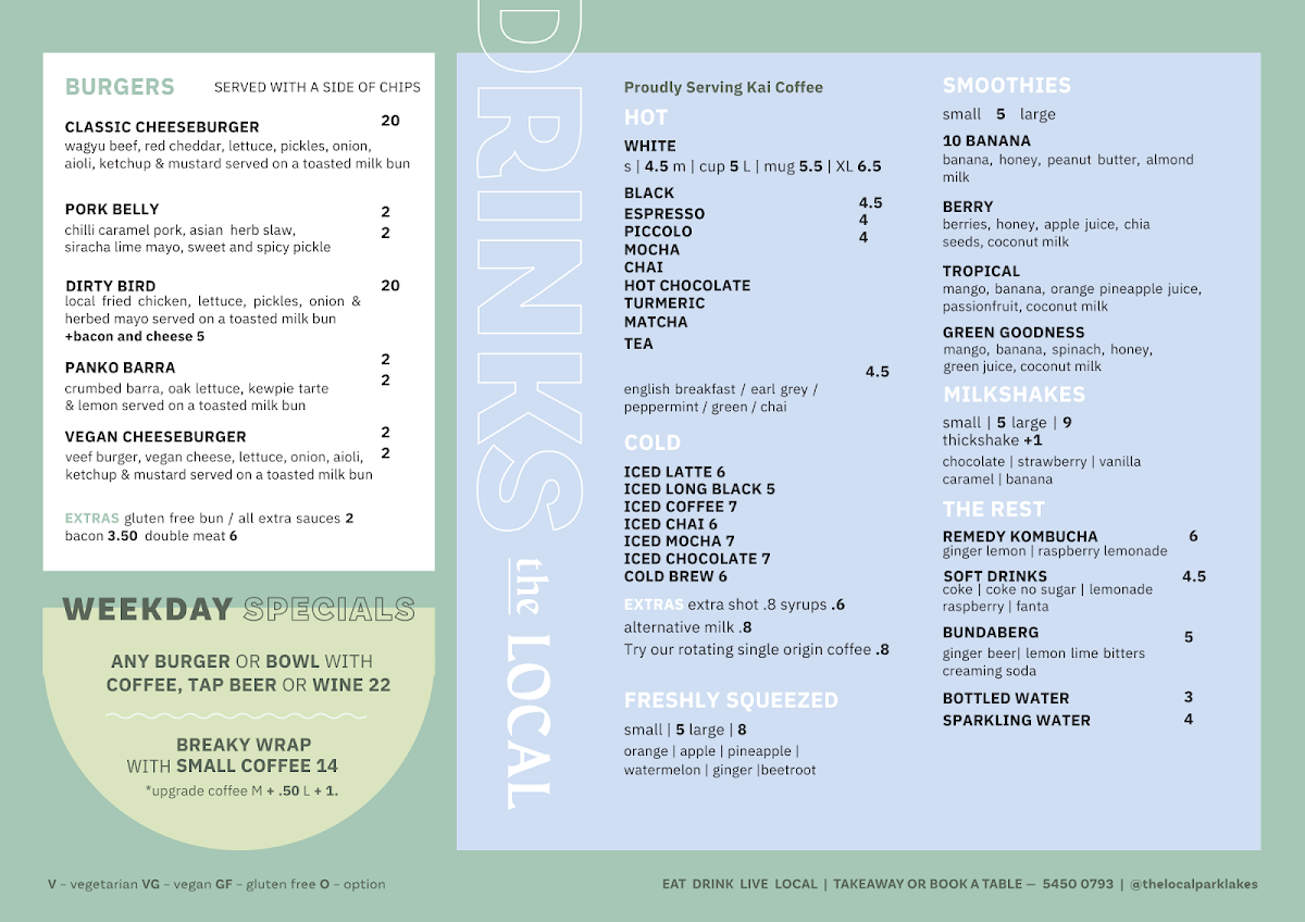Menu, The Local Parklakes