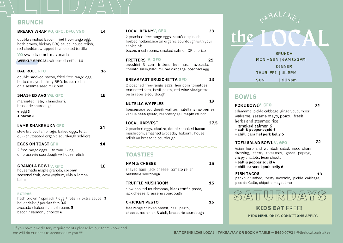 Menu, The Local Parklakes