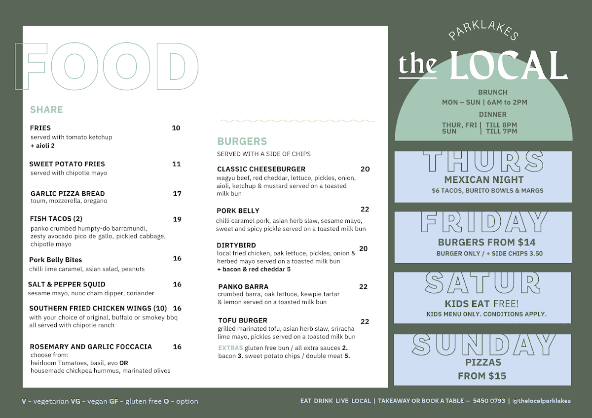 Menu, The Local Parklakes