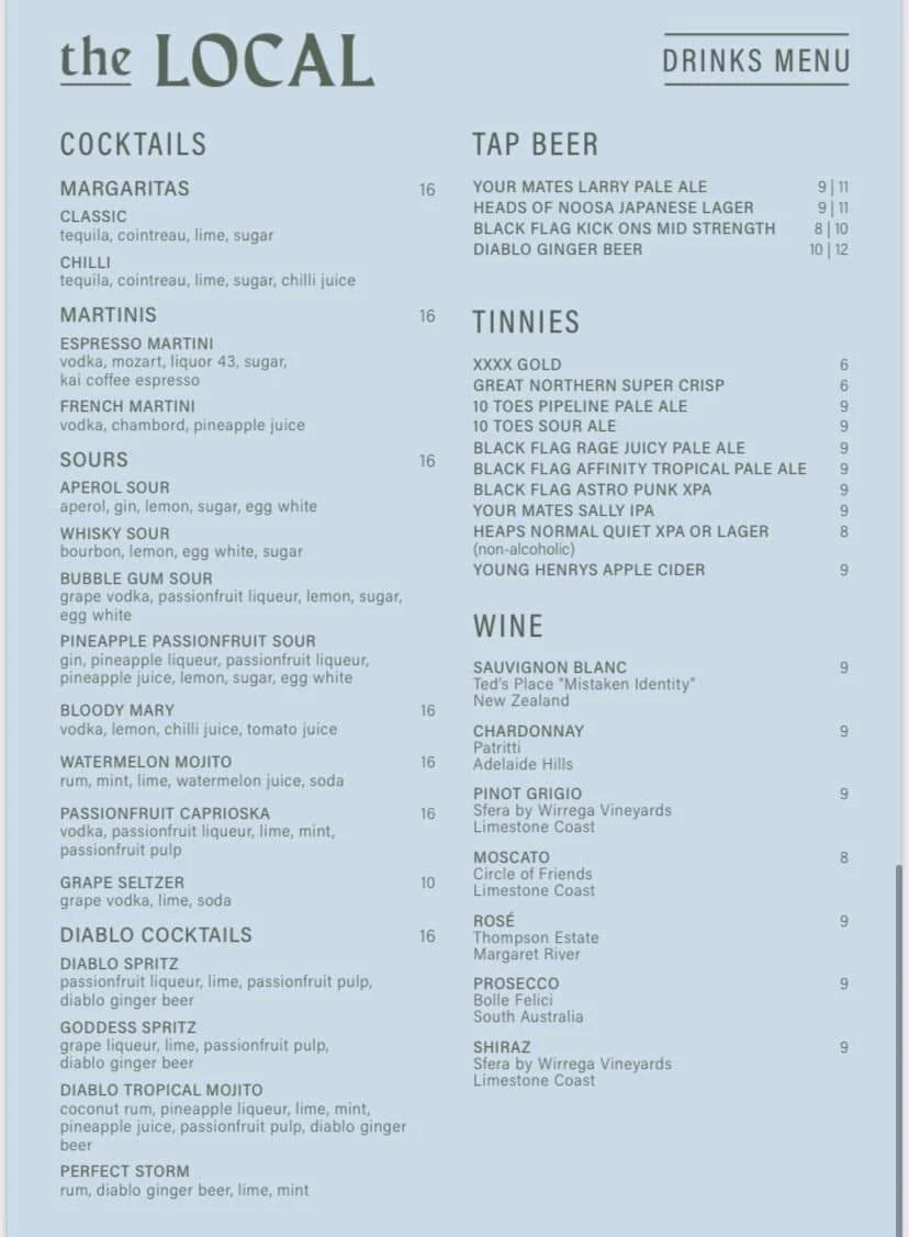 Menu, The Local Parklakes