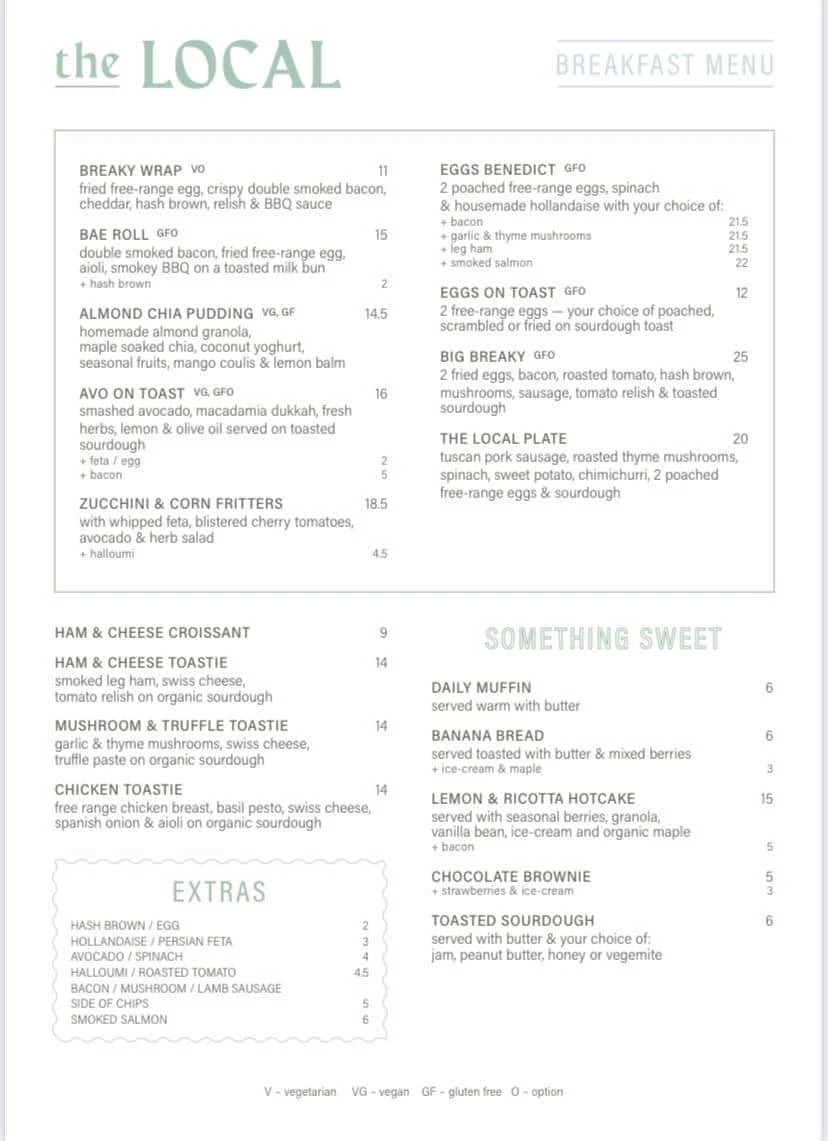 Menu, The Local Parklakes
