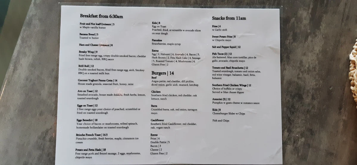 Menu, The Local Parklakes