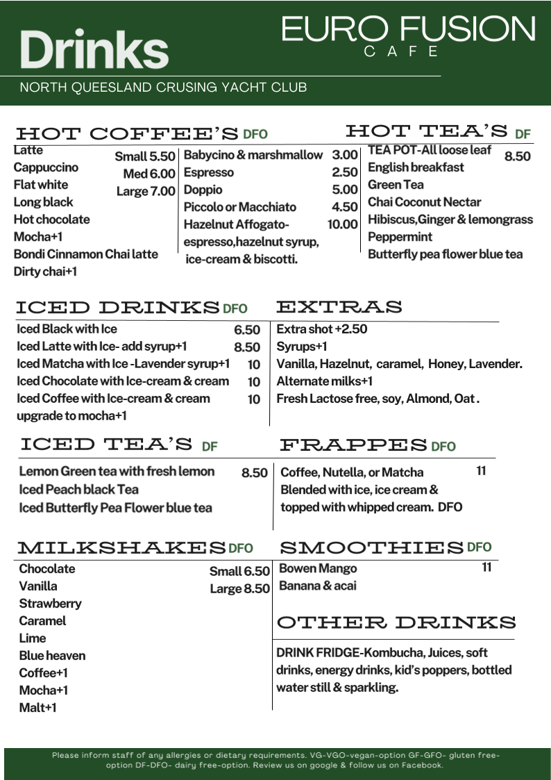 Menu, Euro Fusion Cafe