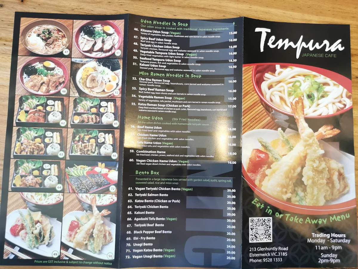 Menu, Tempura Japanese Cafe
