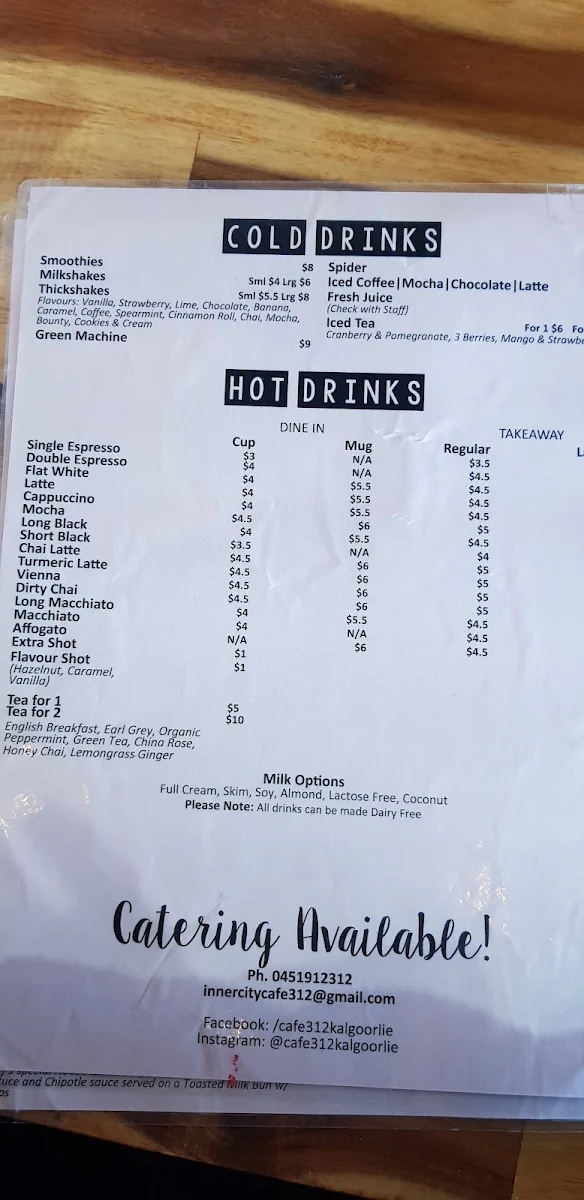 Menu, Cafe 312