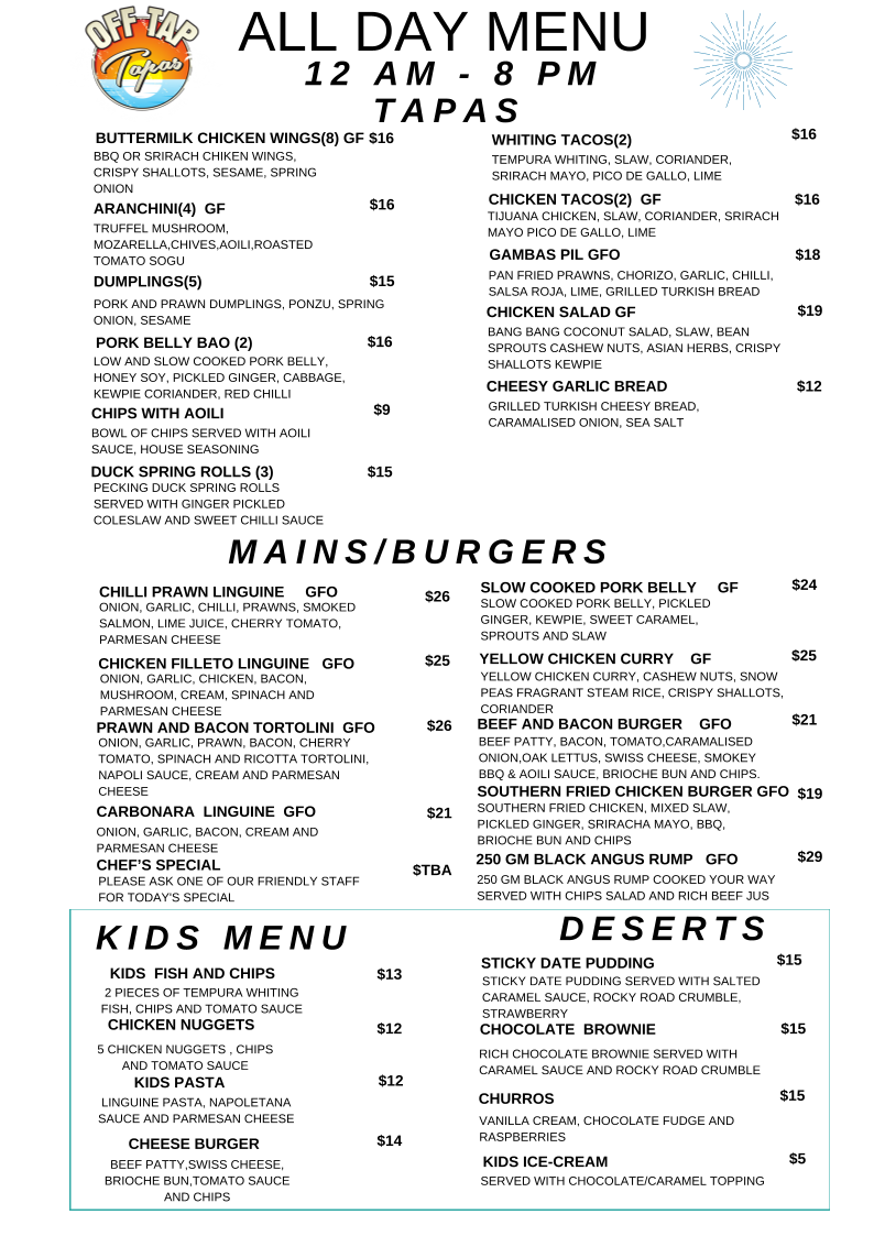 Menu, Off Tap Tapas Marcoola