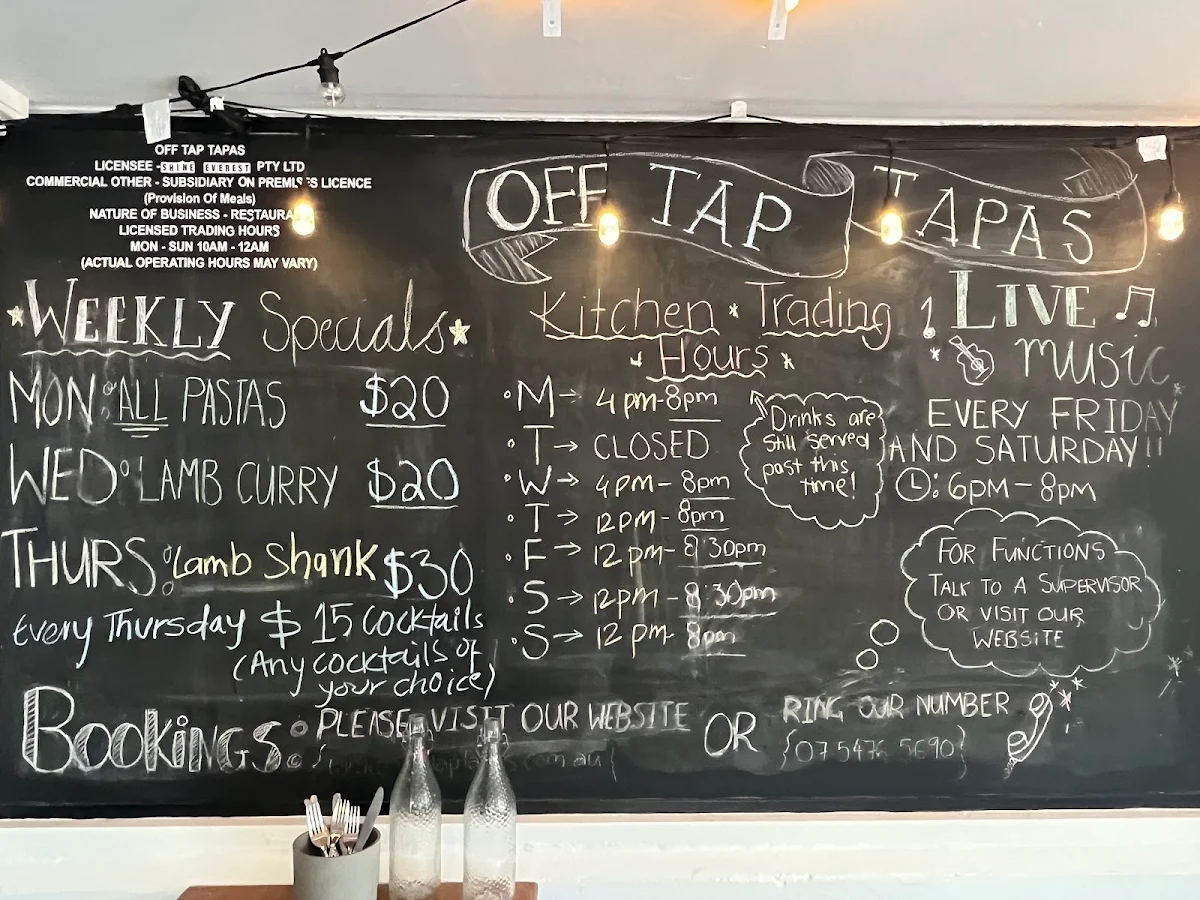 Menu, Off Tap Tapas Marcoola