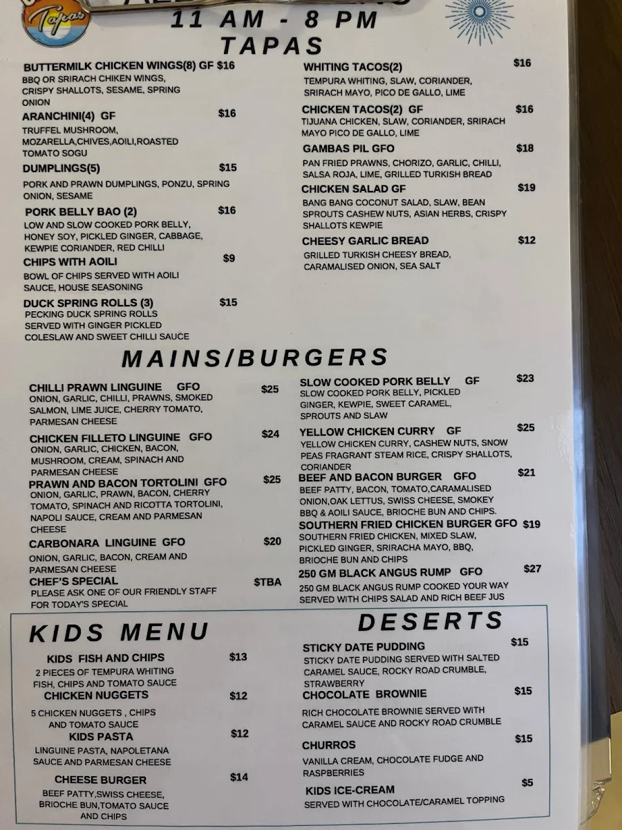 Menu, Off Tap Tapas Marcoola