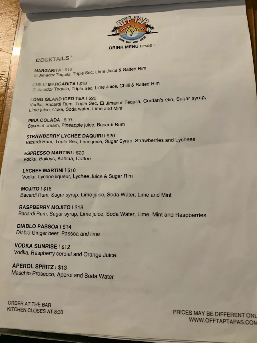 Menu, Off Tap Tapas Marcoola