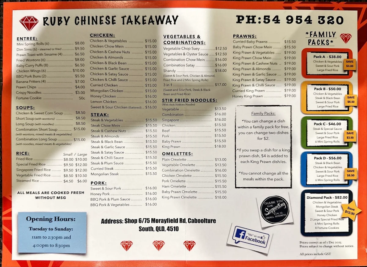 Menu, Ruby Sun Chinese