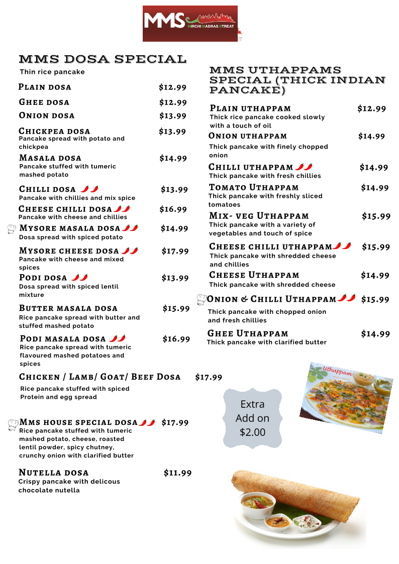 Menu, MMS Mirchi Madras Streat