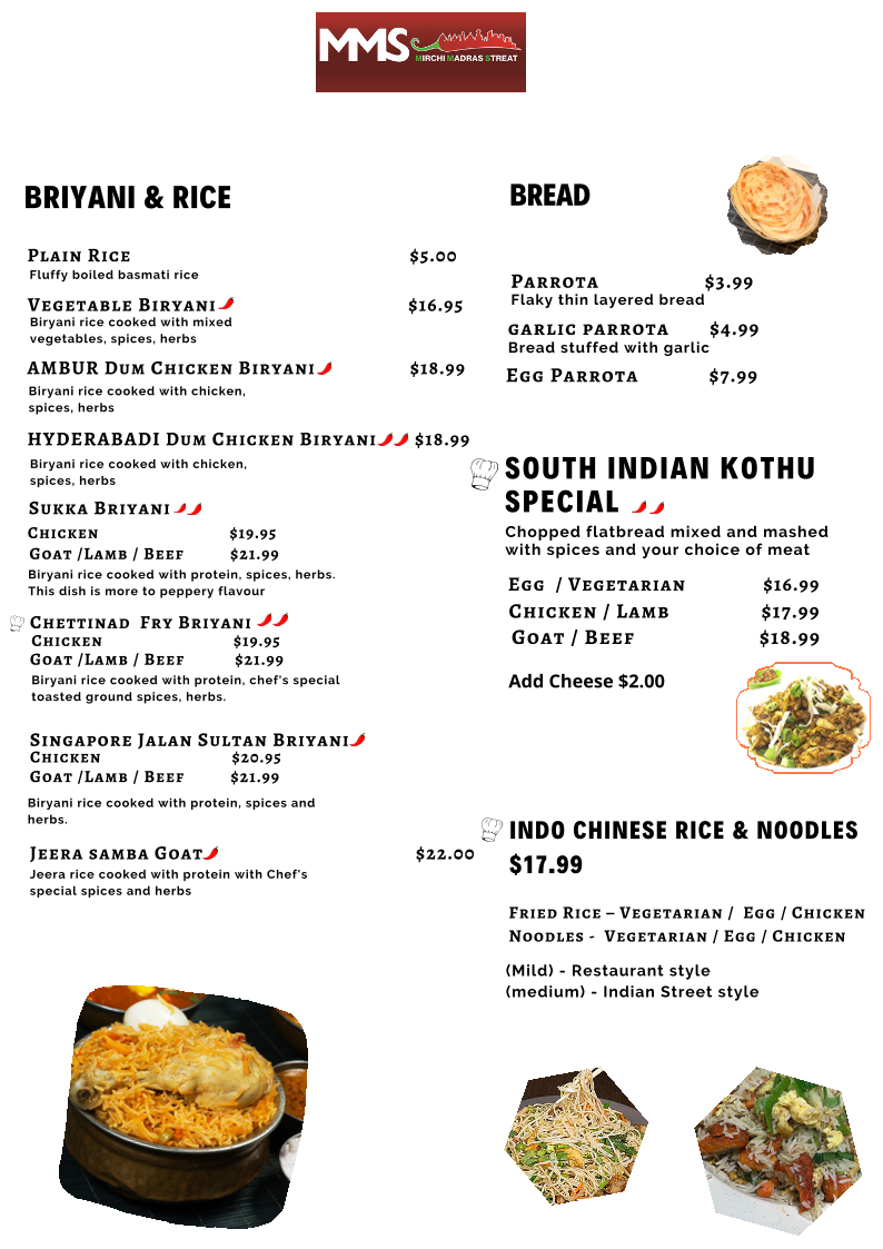 Menu, MMS Mirchi Madras Streat