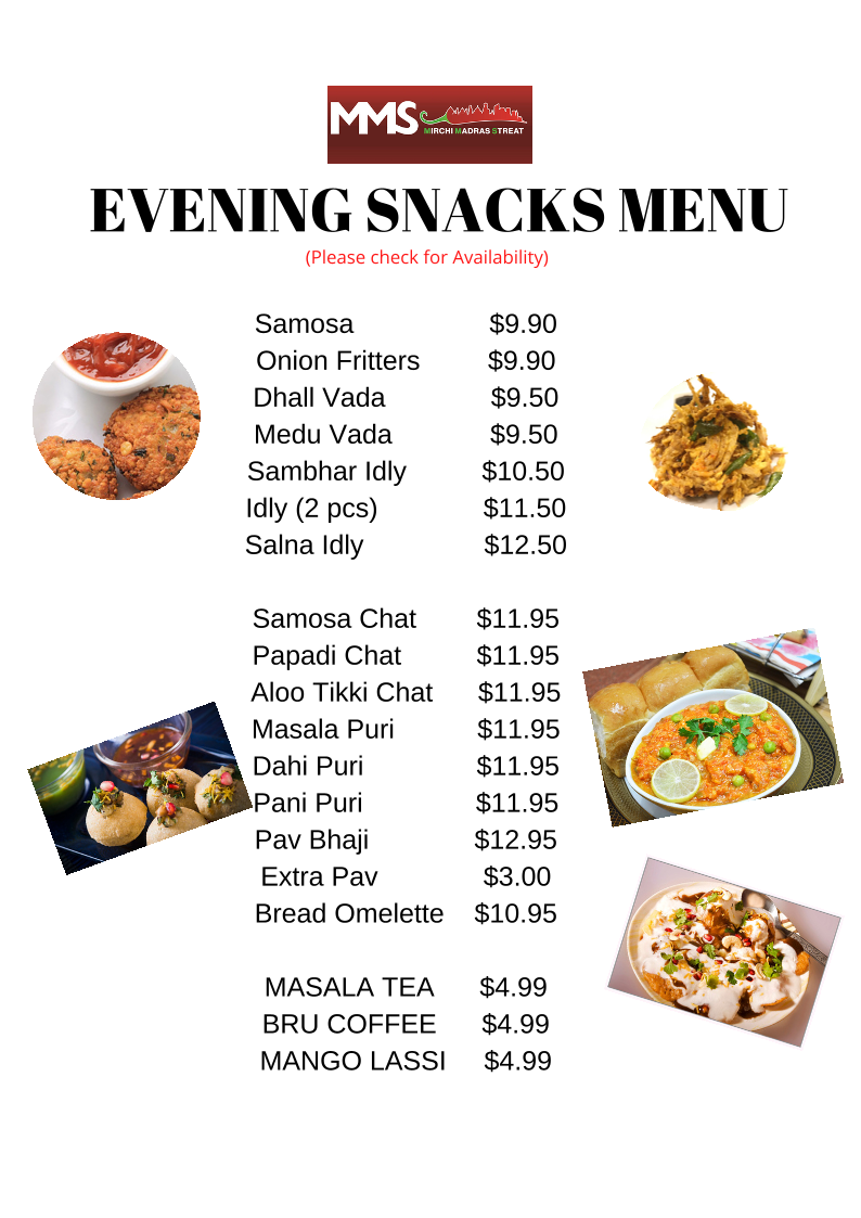 Menu, MMS Mirchi Madras Streat
