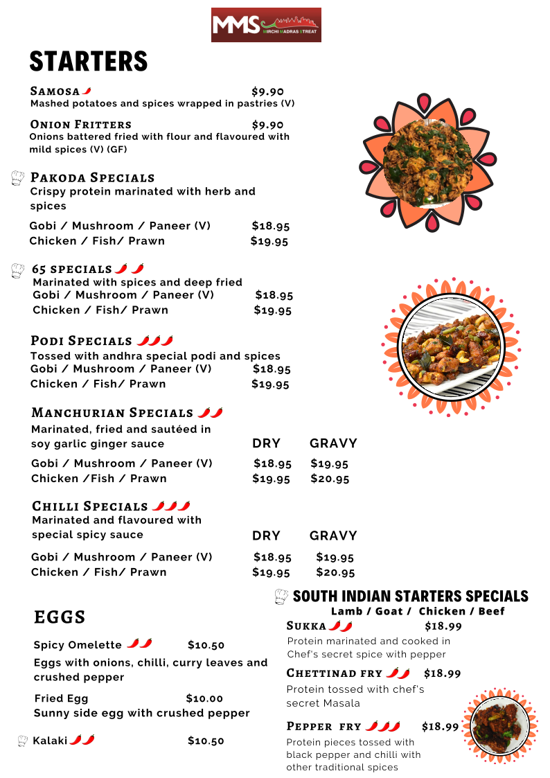 Menu, MMS Mirchi Madras Streat