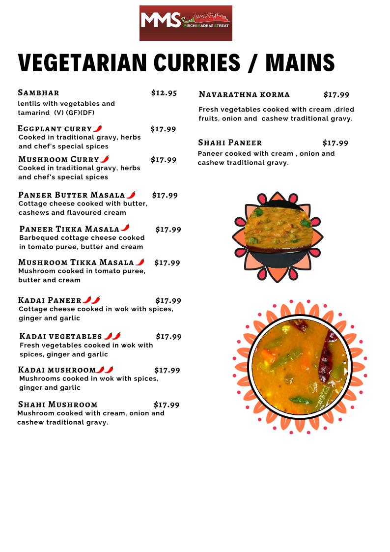 Menu, MMS Mirchi Madras Streat
