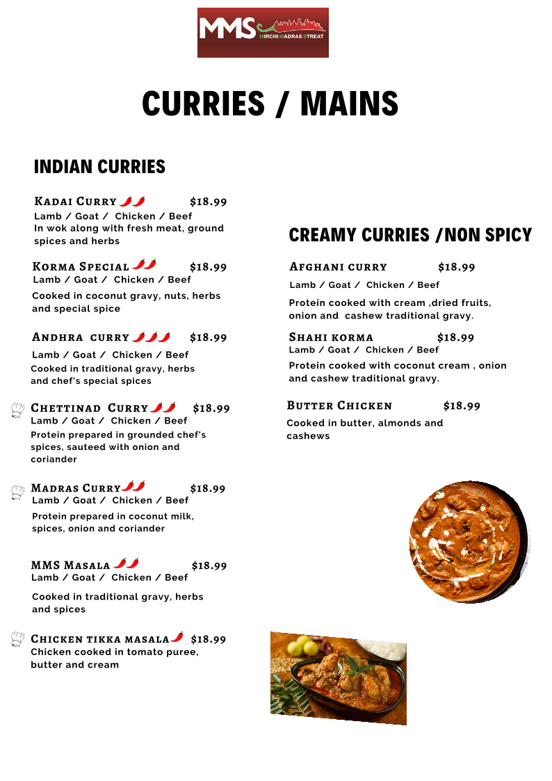 Menu, MMS Mirchi Madras Streat