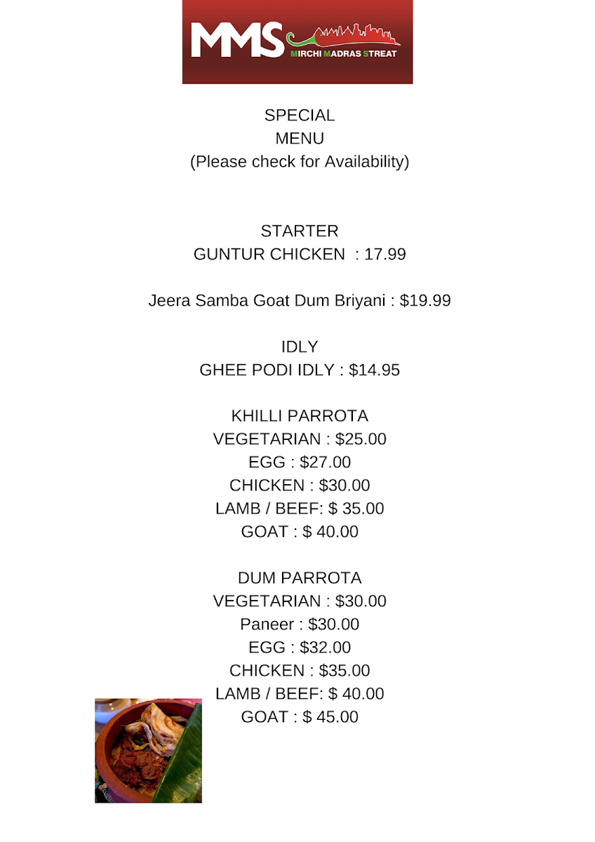 Menu, MMS Mirchi Madras Streat