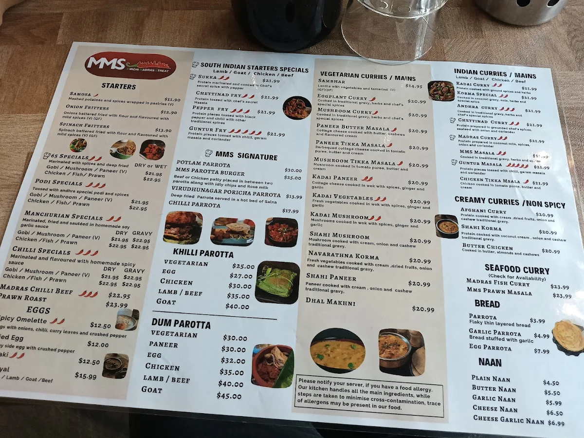 Menu, MMS Mirchi Madras Streat