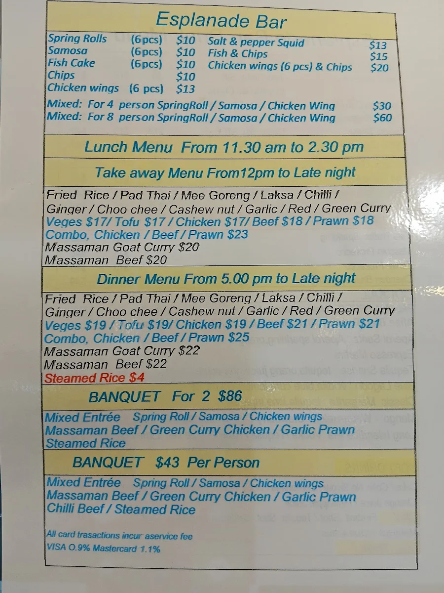 Menu, Esplanade Bar