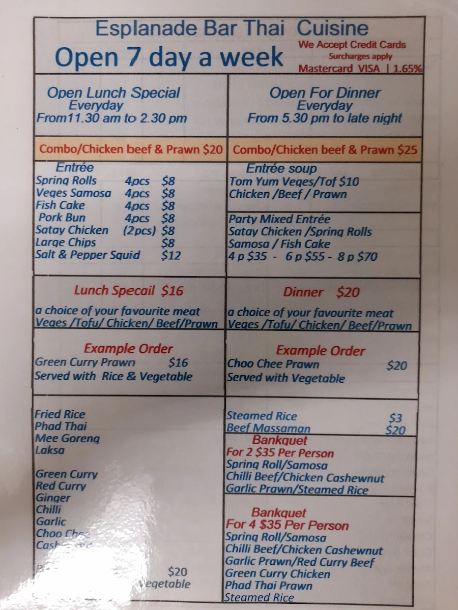 Menu, Esplanade Bar