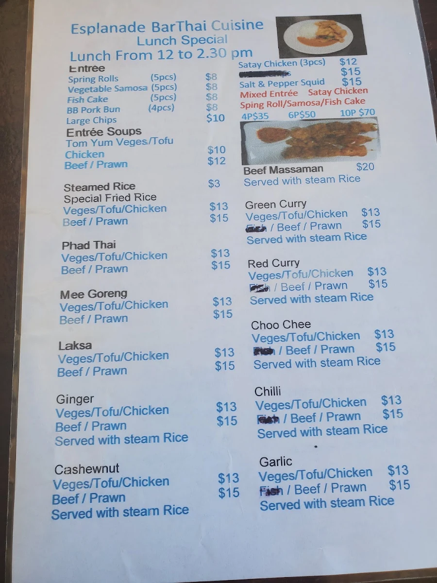 Menu, Esplanade Bar