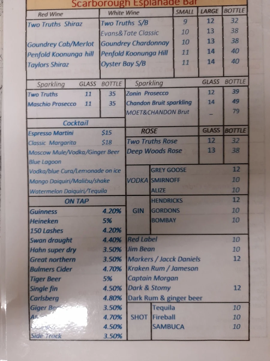 Menu, Esplanade Bar
