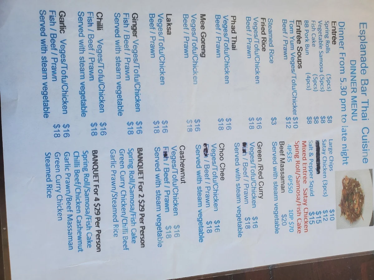 Menu, Esplanade Bar