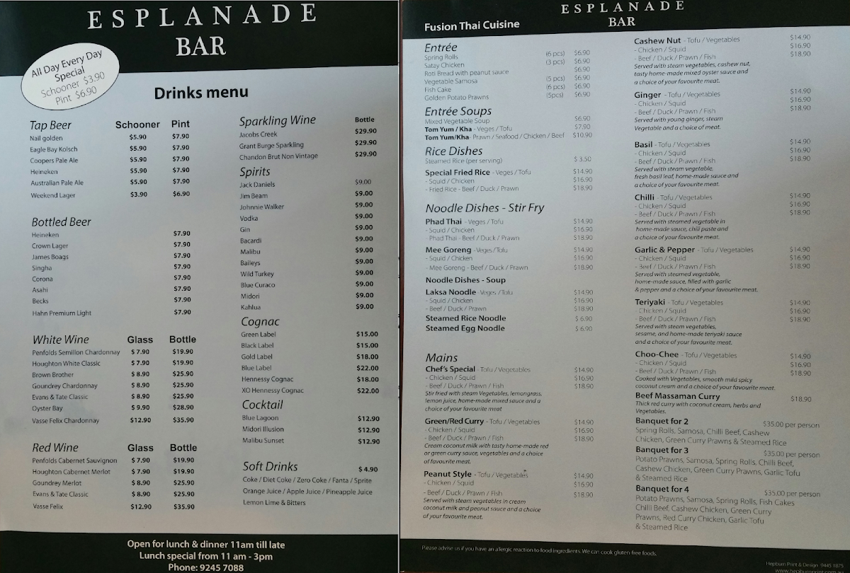 Menu, Esplanade Bar