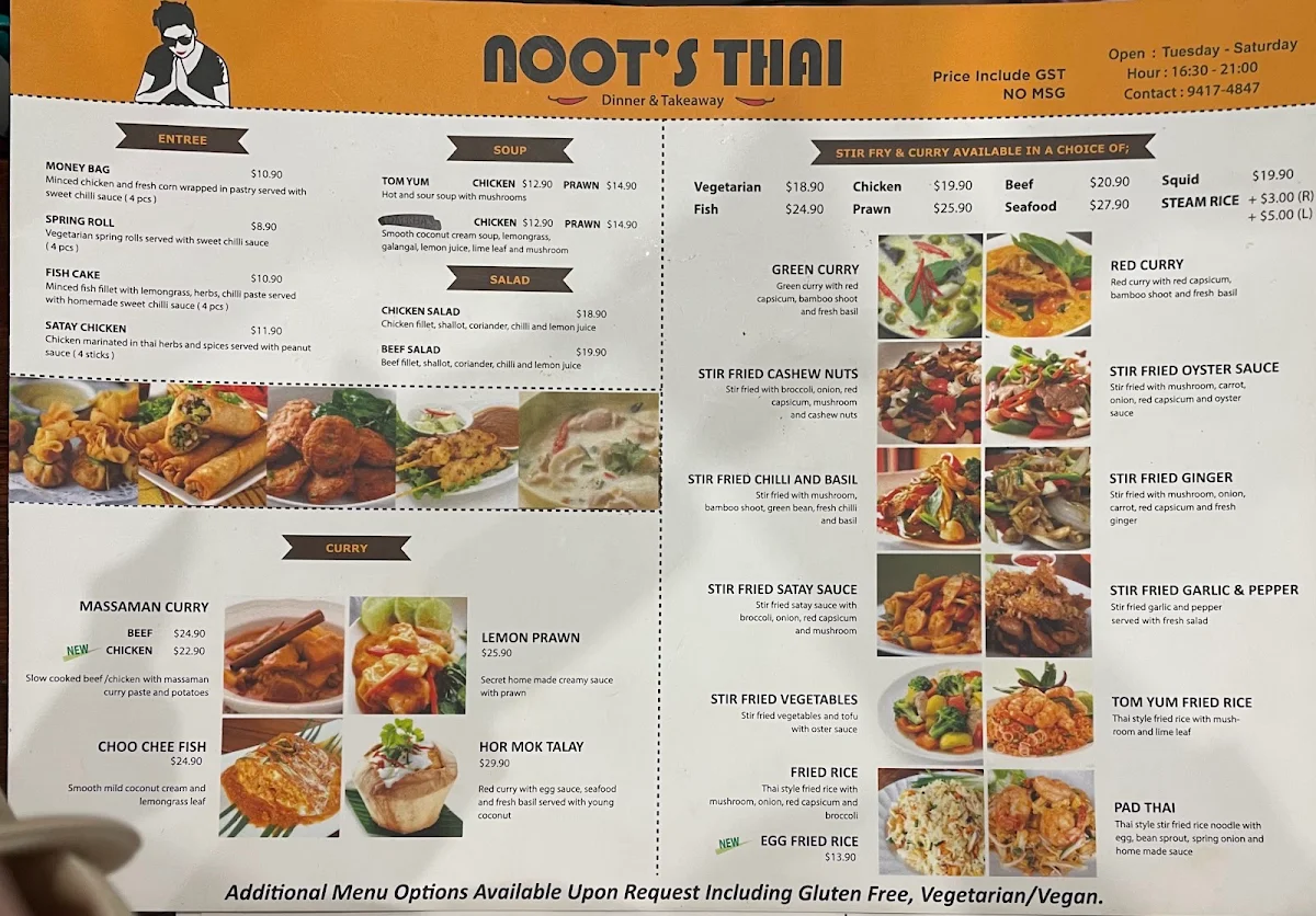 Menu, Noot's Thai