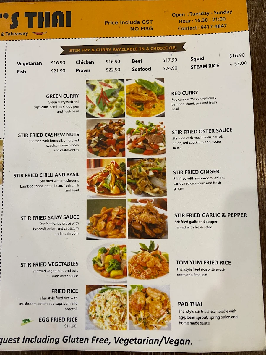 Menu, Noot's Thai