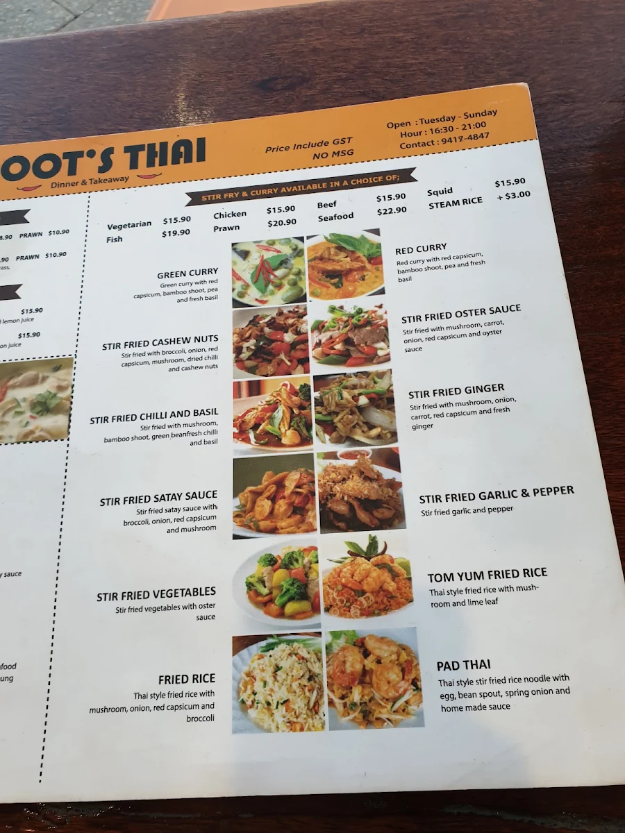 Menu, Noot's Thai
