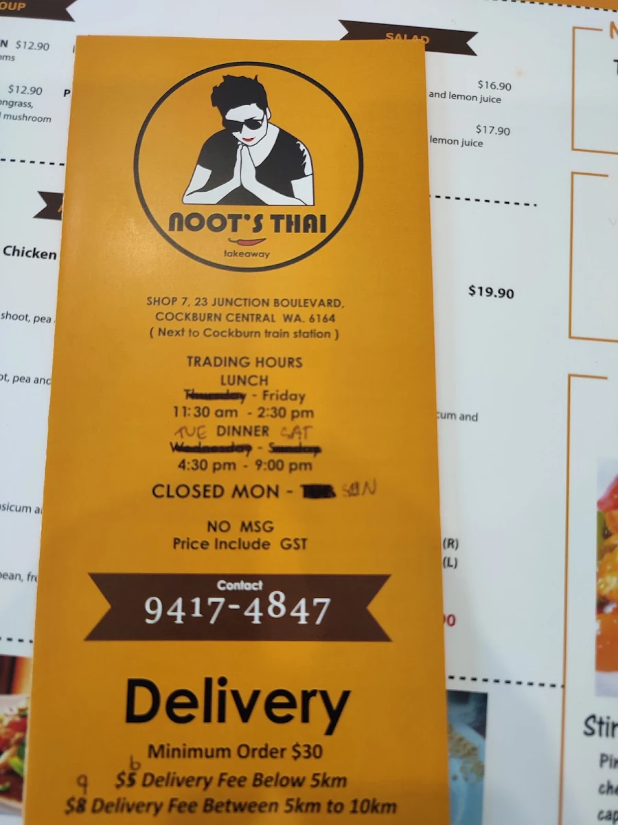 Menu, Noot's Thai