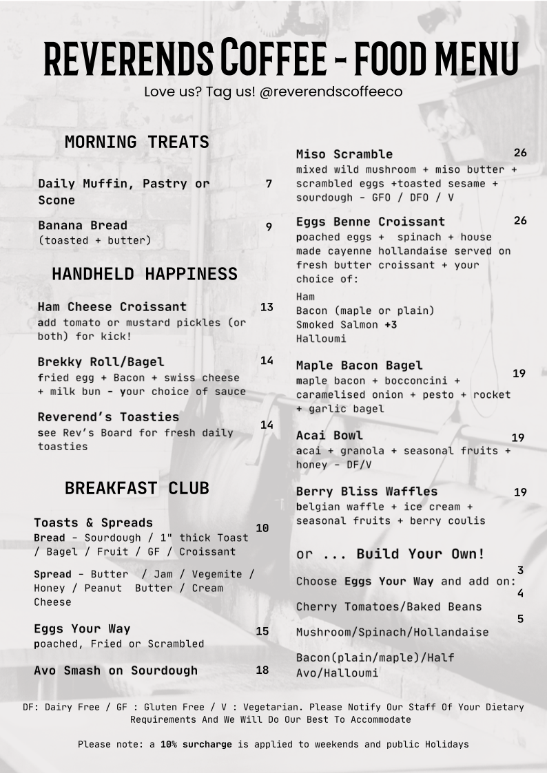 Menu, Reverends Coffee Co