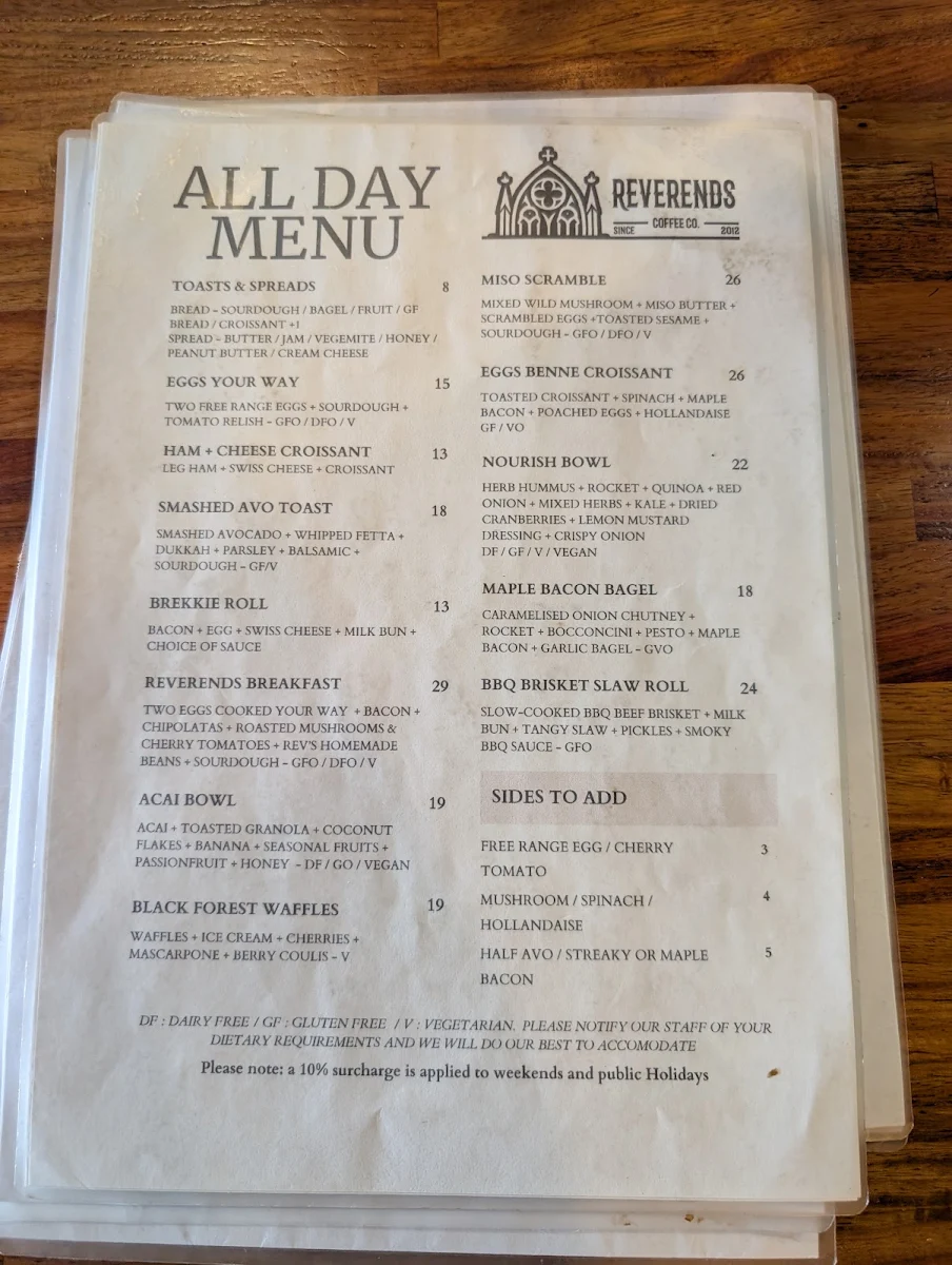 Menu, Reverends Coffee Co