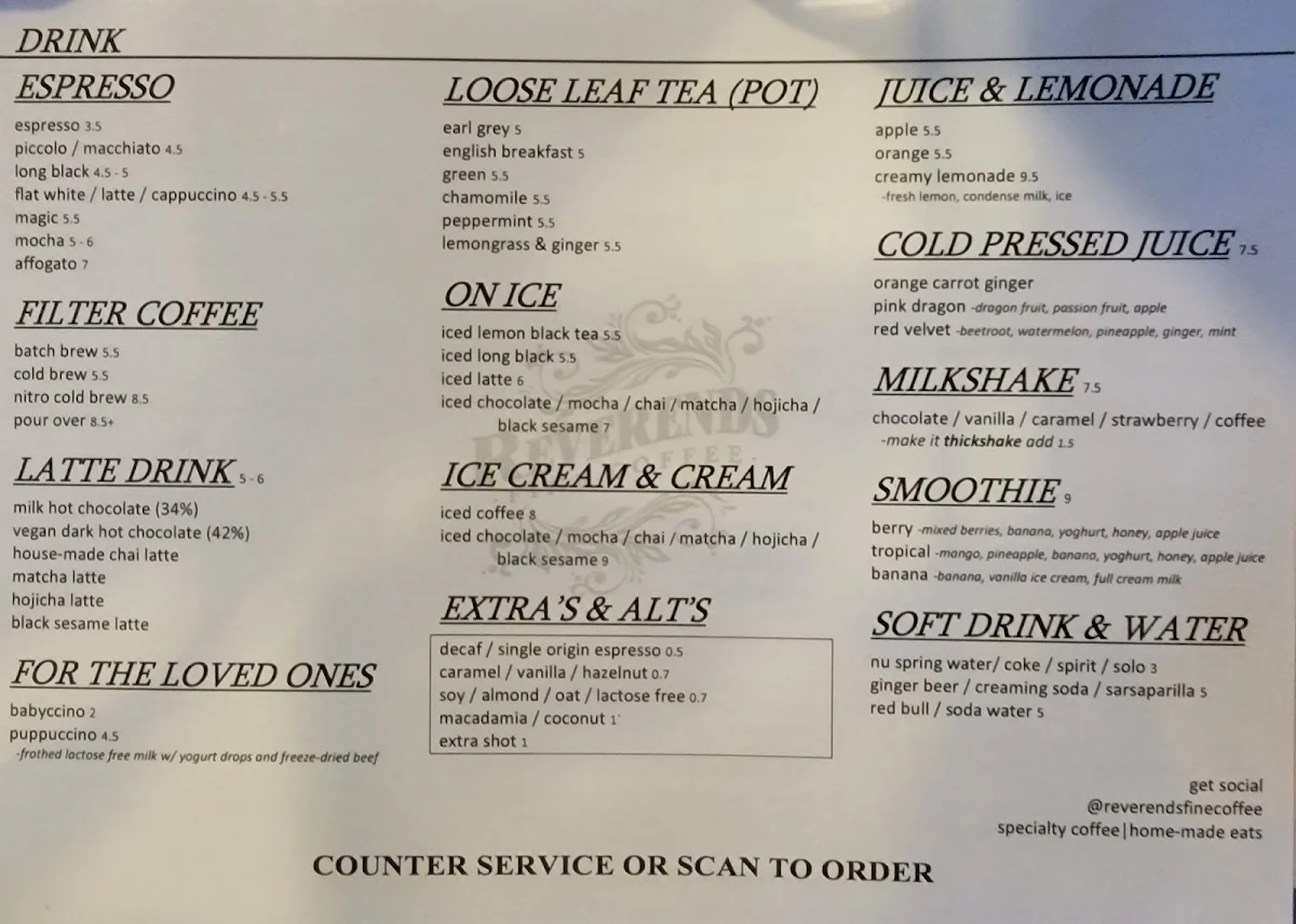 Menu, Reverends Coffee Co