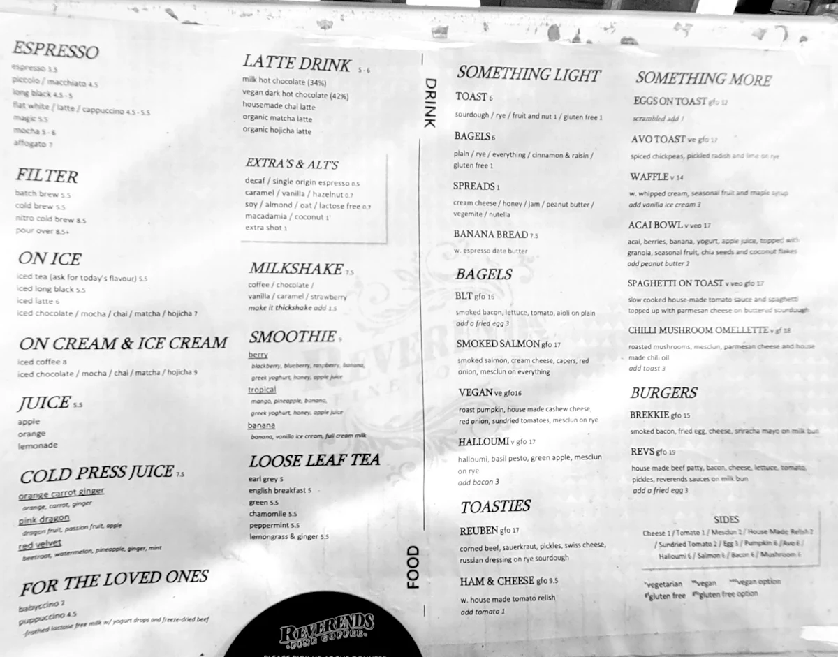 Menu, Reverends Coffee Co