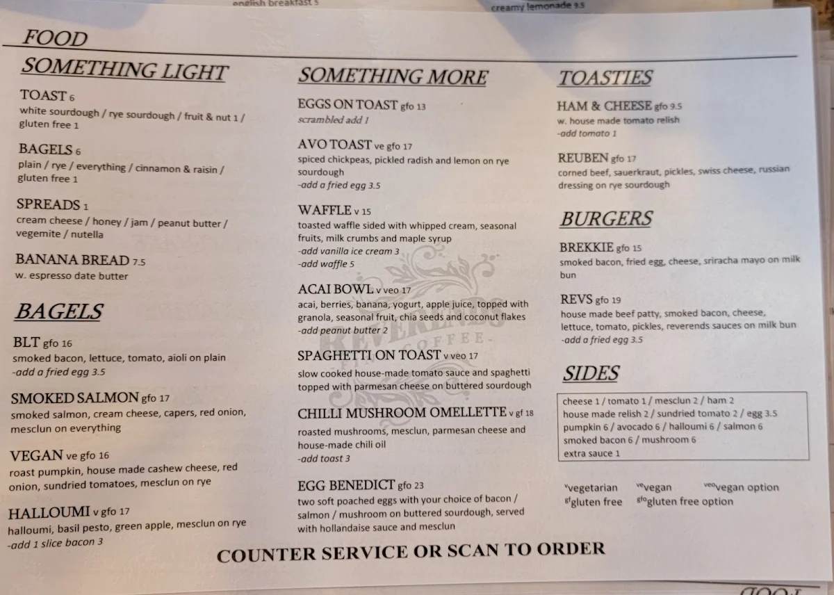 Menu, Reverends Coffee Co