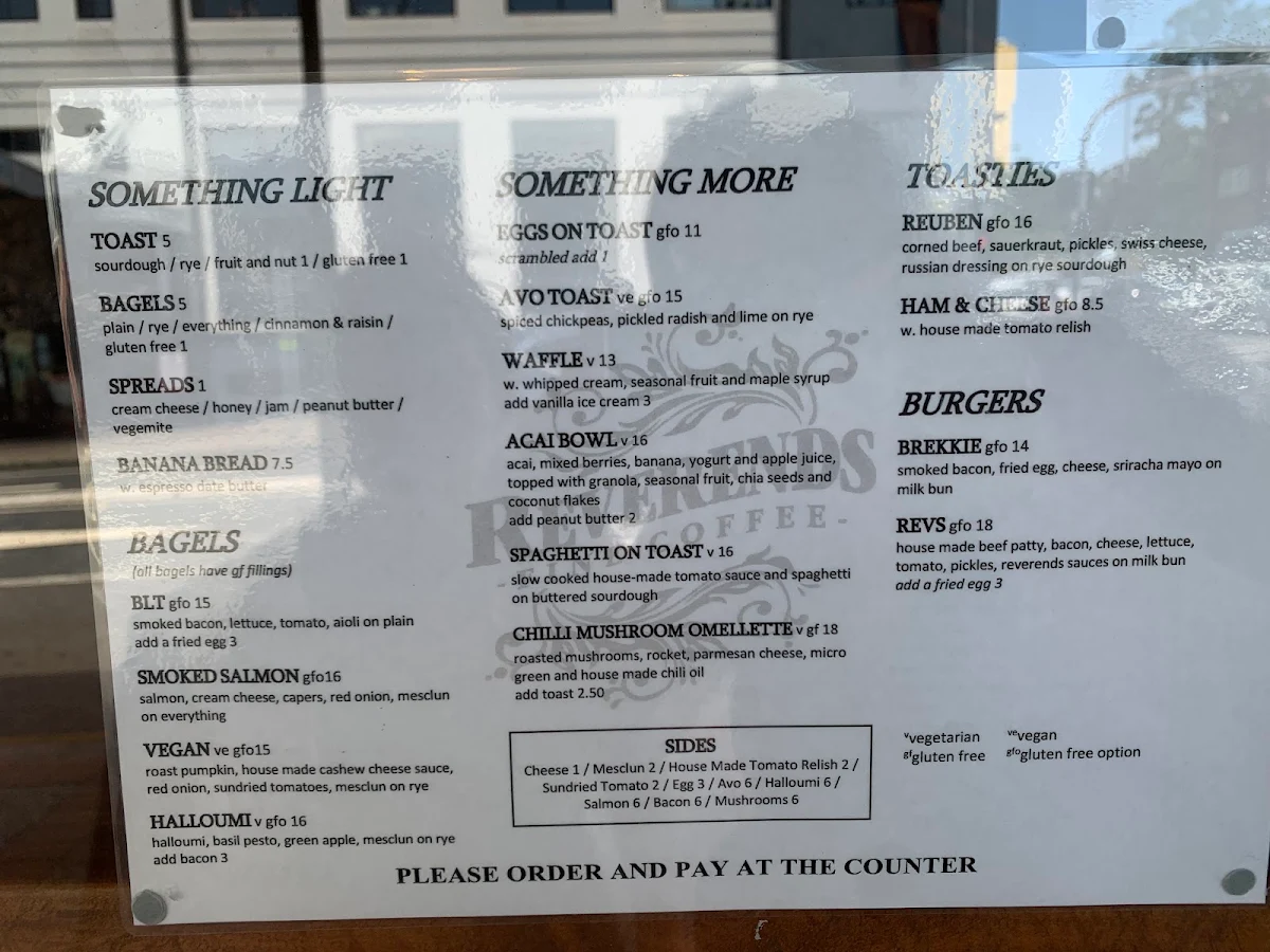 Menu, Reverends Coffee Co
