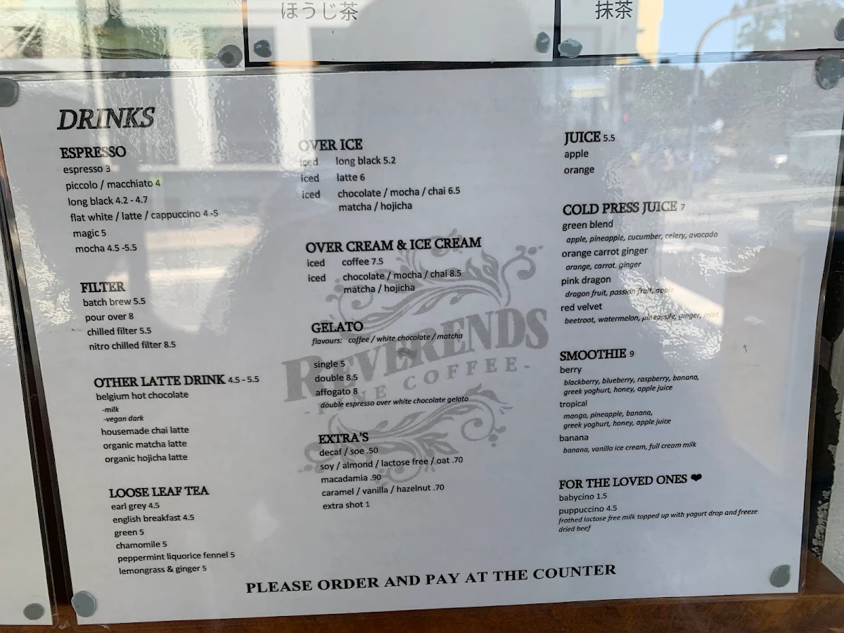 Menu, Reverends Coffee Co