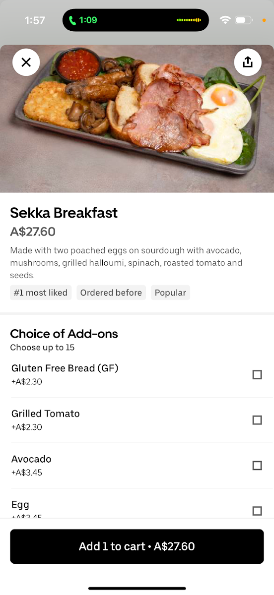 Menu, Sekka Café