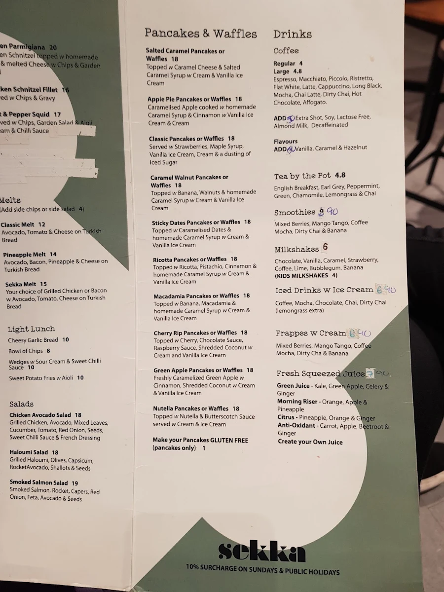 Menu, Sekka Café