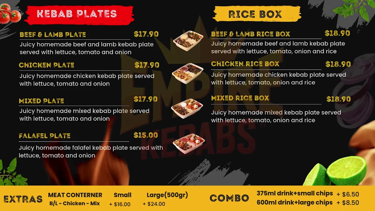 Menu, Empire Kebabs Warner